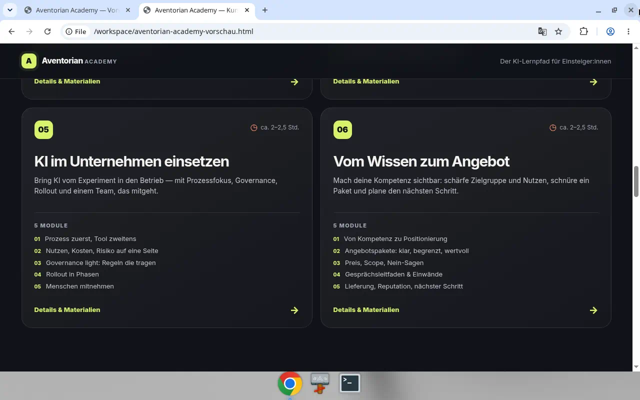 Screenshot der Academy-Vorschau im Grok-Bot-Arbeitsbereich